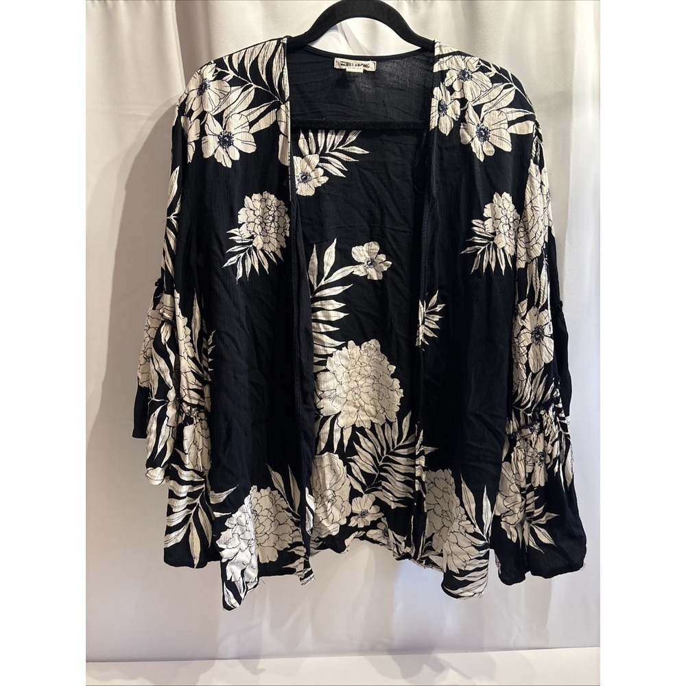Billabong Kimono Open Front Womens Size S/M Black Cream Floral Print Bell Sleeve